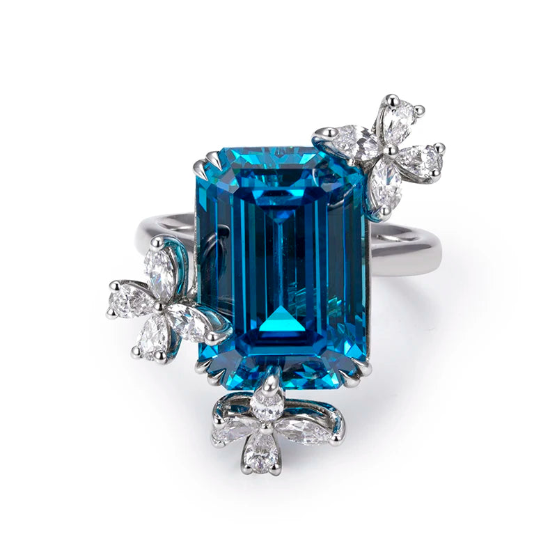 Messi Jewelry MSR-948 High Carbon Cubic Zircon Blue Diamond Ring Jewelry S925 Emerald Cut   Engagement Wedding Ring