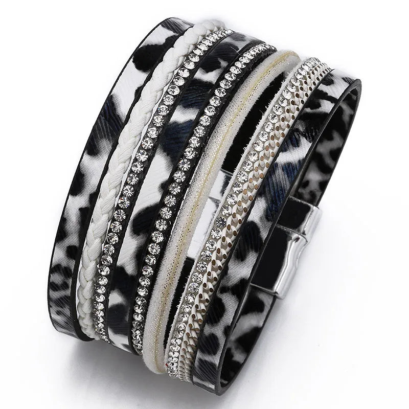 FASHIONISTA Hot Selling Fashion European and American Brick Inlaid PU Leather Magnetic Buckle Natural Leopard Print Ladies Bracelet