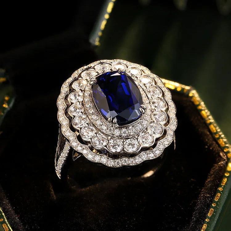 Gemfiori Silver S925 Cushion Blue Baguette Lab Sapphire Flower Halo Ring for Women 3.79ct Sapphire Stone