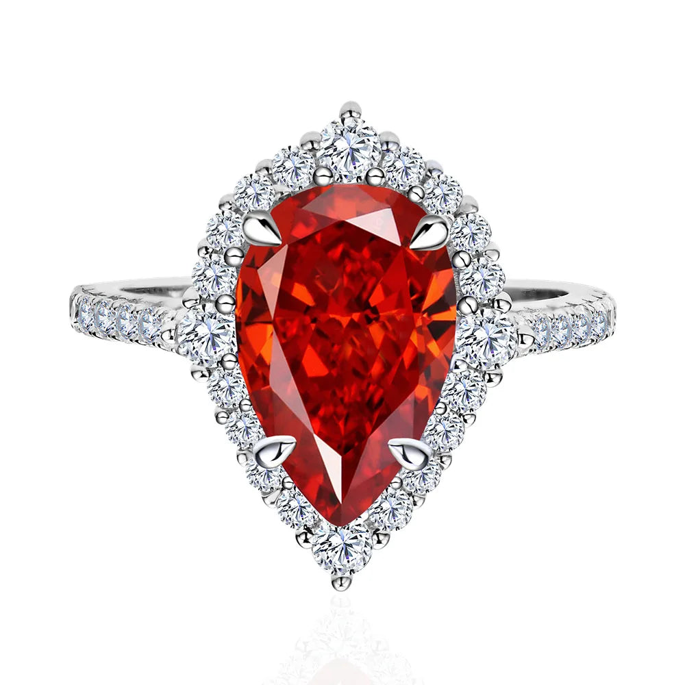 MuShan Jewelry Factory 925 Sterling Silver Rings for Women 7ct 8 * 12 Pear Shaped Red Synthetic High Carbon Diamond Jewelry