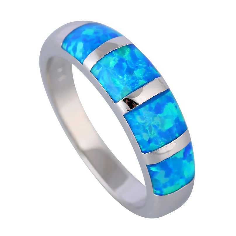 Geometric Overlay Opal Open Ring | Blue/Iridescent Gem Inlay  Band | Nature-Themed Fashion Jewelry for Women