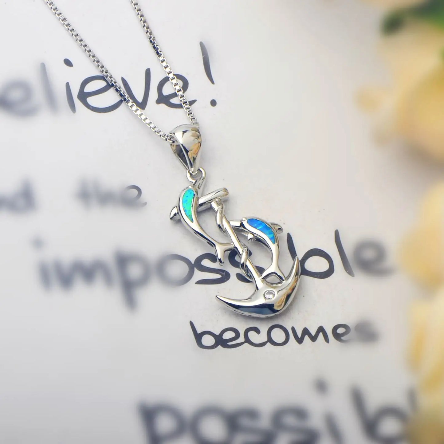 TikTok INS Wind Hawaii Beach Explosion Copper Alloy Opal Dolphin Pendant Silver Plated Box Chain Vintage Women's Party Wholesale