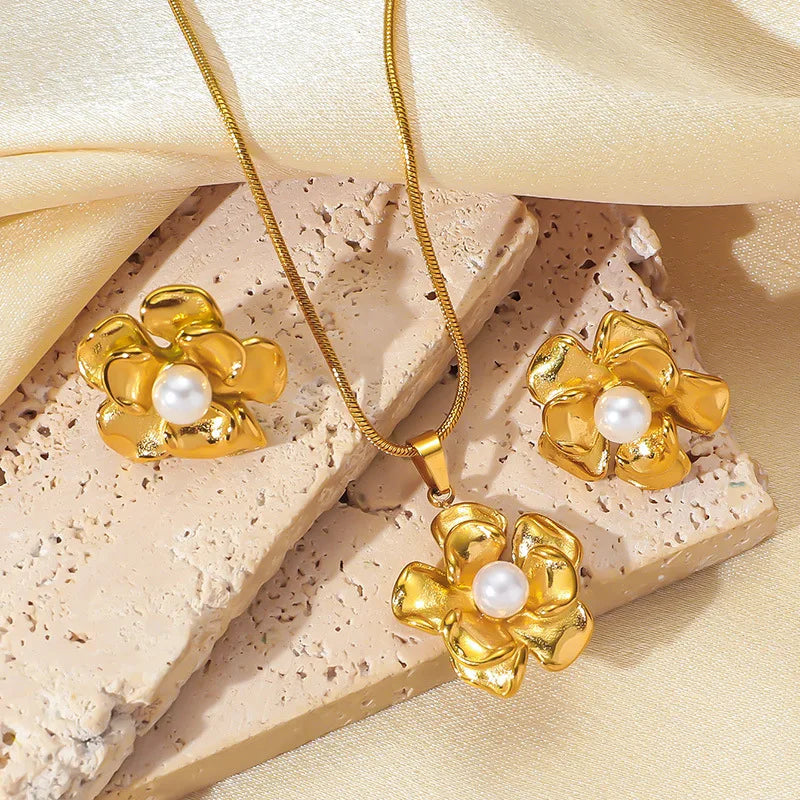 Gold Necklace & Earrings Jewellery Set | Square, Flower & Pearl Designs | Classic Fashion Set