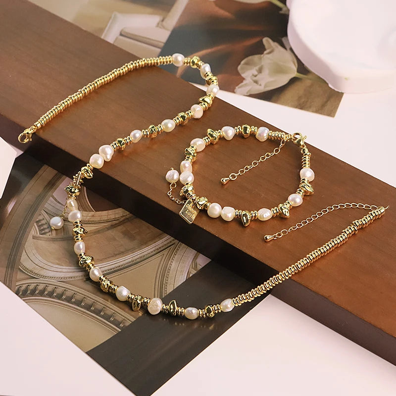GLSEEVO Natural Baroque Pearl Jewelry Set for Women Birthday Gift 18K Gold Plated Beaded Necklace Bracelet Fashion Jewelry