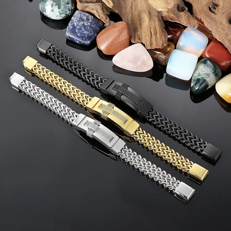 KALEN Men 220mm Silver/Gold/Black Stainless Steel Vintage Herringbone Bracelet With Cross Charm