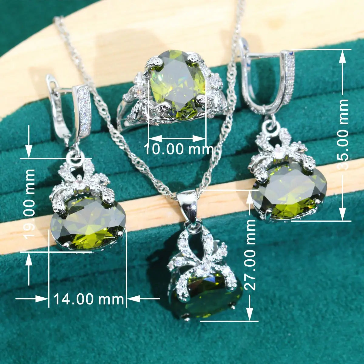 XOTICA Classic 925 Silver Bridal Jewelry Set Women's Wedding Olive Green Zircon Bracelet Earrings Necklace Pendant Ring for Anniversary