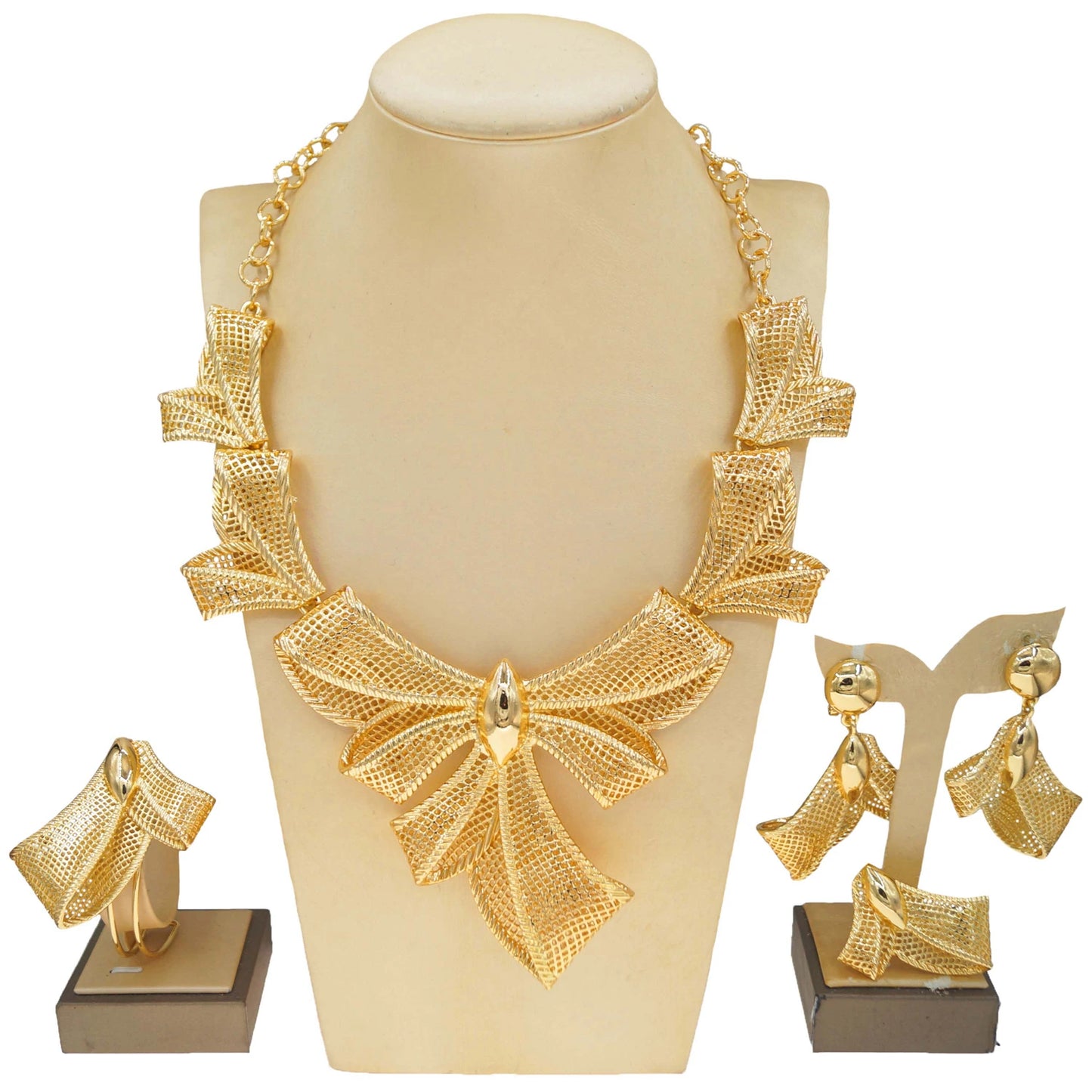 Zhuerrui New =Italian Jewelry 4-piece Set Gold Plated Bow Mesh Copper Ring Fashion Exquisite Ladies Party Jewelry Gift BoxH00774