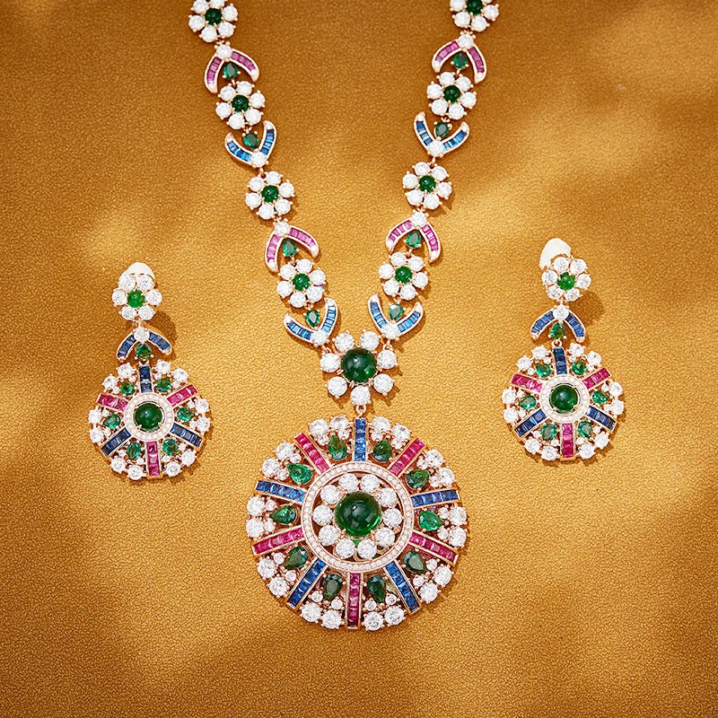 Classic Fashion Jewelry Set Necklace Earrings Inlaid with Colorful Cubic Zirconia Paired with Anniversary Gift
