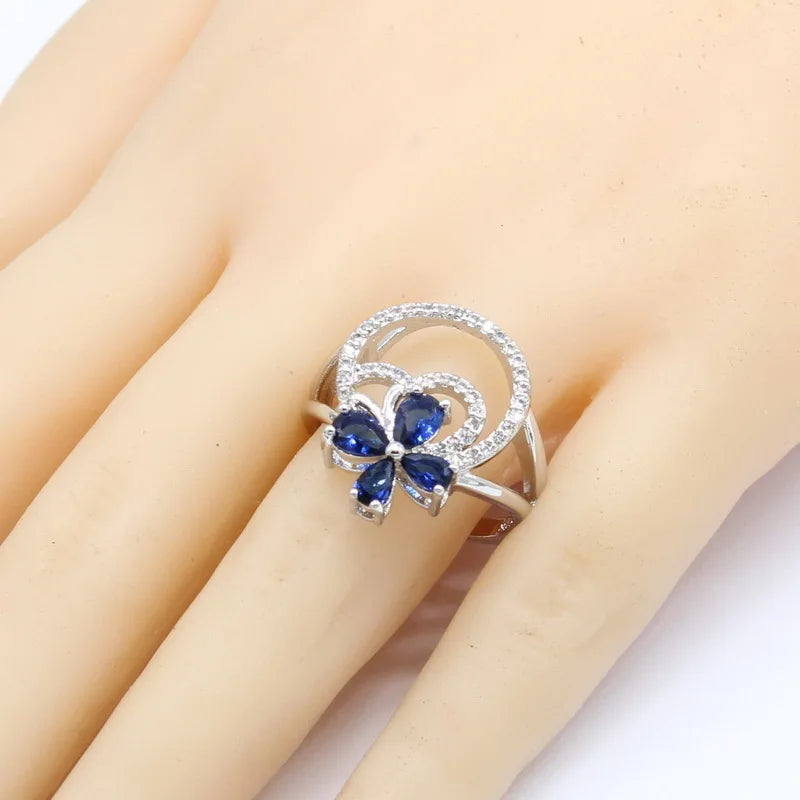 XOTICA New Dark Blue Zircon Platinum Silver Plated Trendy Jewelry Sets Women Wedding Party Gift Earrings Bracelet Rings Necklace