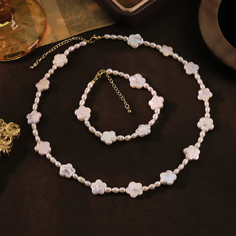 GLSEEVO Natural Flower Shaped Baroque Pearl Jewelry Set Floral Necklace Bracelet Gift for Mother's Day Birthday Fashion Jewelry