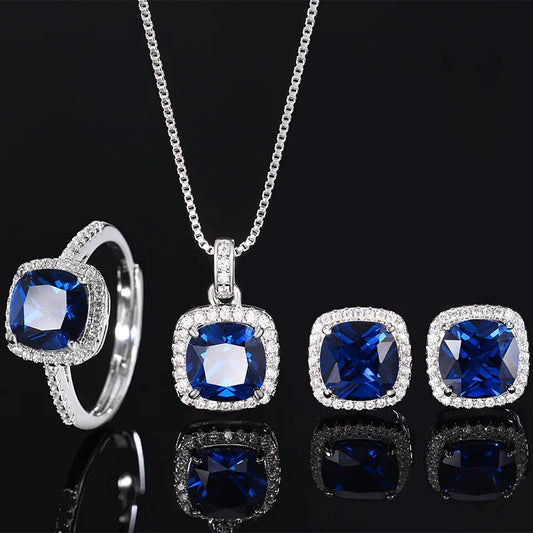 Gemfiori New Jewelry Brass Gold-plated Retro Simulation Blue Pointed Crystal Fat square Minimalist Style Set