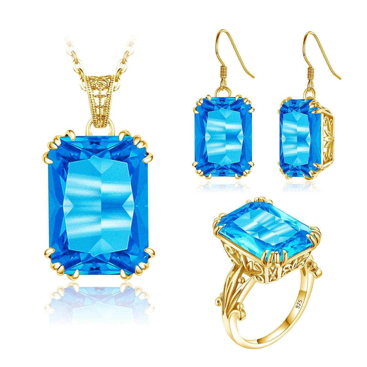 ArtistA Emerald Gemstone Vintage Engagement Wedding 925 Sterling Silver 18K Gold Plated Jewelry Set with Ring Earrings Pendant for Women