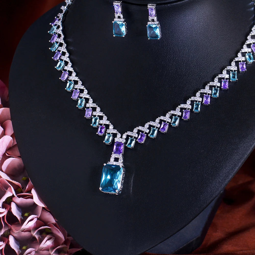 Beautiful Purple Blue Cubic Zircon Crystal Dangle Drop Bridal Wedding Necklace Earrings Party Jewelry Sets for Women