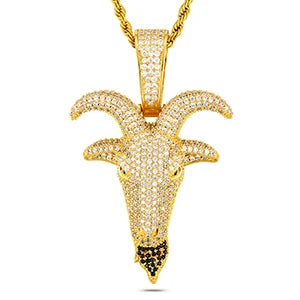 BiG-BOSS Hip Hop Full CZ Diamond Jewelry Gold Plated Brass Goat Head BlingBling Pendant Charms Rope Chain Necklace for Men Women