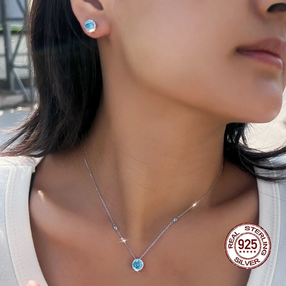 Exquisite Rose Flower CZ Light Blue 925 Sterling Silver Necklace and Earring Round Pendant Jewelry Set for Women Party Gift