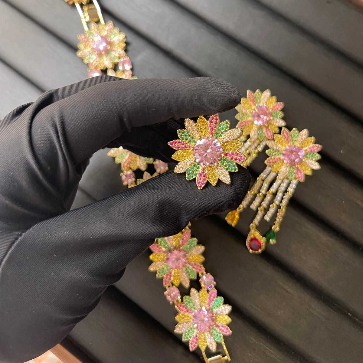Gemfiori TIANSHE Colorful Zircon Sunflower Earrings Bracelet Ring Women's Luxury Jewelry 3pcs Set for Banquet Accessories