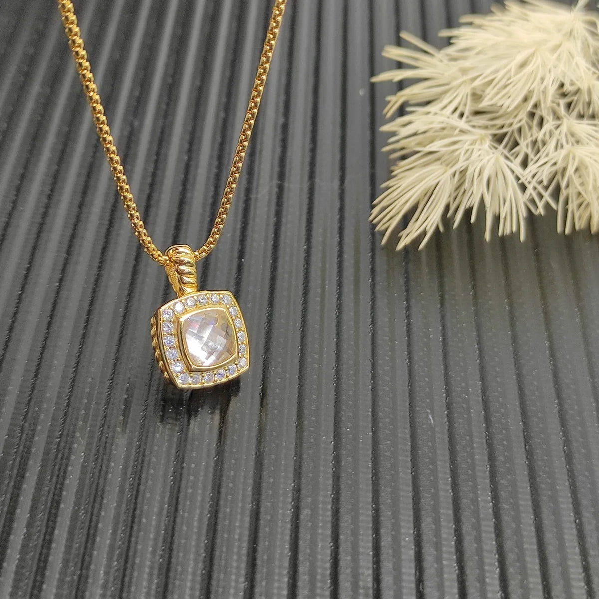 Gemfiori FASHIONISTA DY High-Quality Silver-Plated 7mm Square Diamond Necklace. Gold-Plated 7mm Colored Gemstone Necklace. Jewelry.