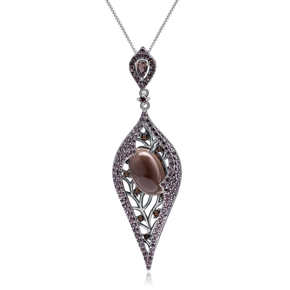 ArtistA Abiding 925 Sterling Silver Vintage Black Gunmetal Plated Natural Smoky Quartz Ring Earring Necklace Jewelry Set for Wedding