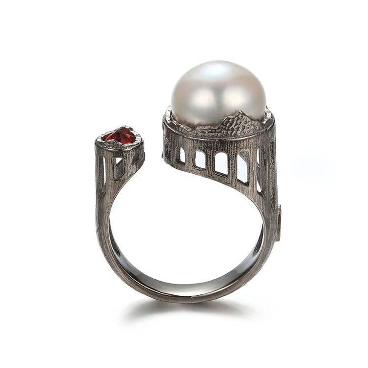 New Design Adjustable Sterling Silver Rings Resizable Button Pearl/red Zircon Wedding Ring
