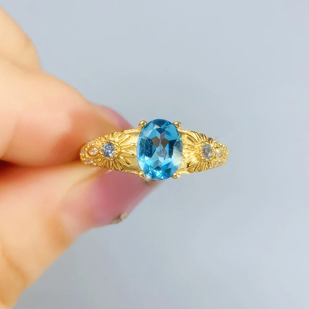Gioiellieri Swiss Blue Topaz Silver Ring with Natural Blue Stone for Wedding Engagement in 925 Sterling Silver Band for Her Fine Jewelry