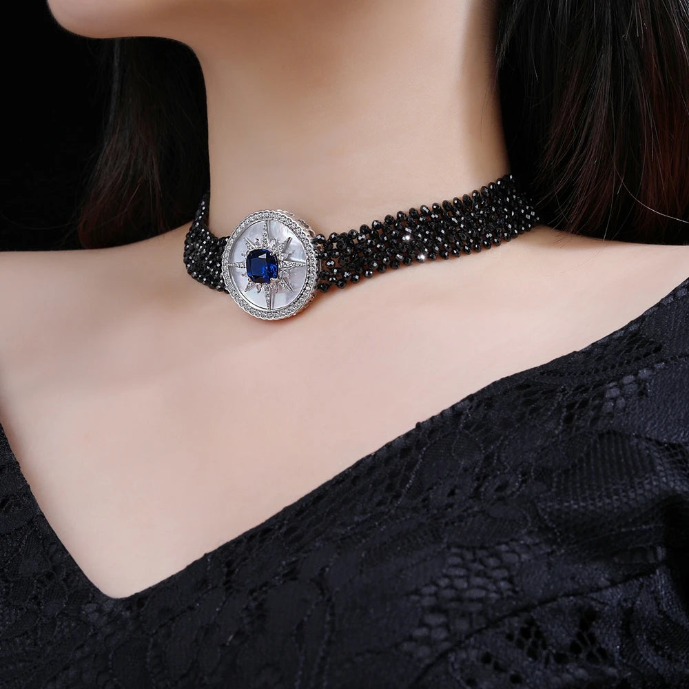 Silverelli | 925 Silver Black Spinel & Sapphire Blue Choker Necklace | 18K Gold Plated | Strand Design