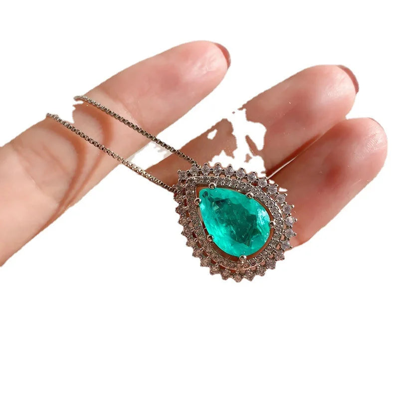 Fashion Eco-friendly Copper 10*14mm Paraiba Zircon Classic Teardrop Pendant Earrings Set Water Drop Jewelry Set for Party