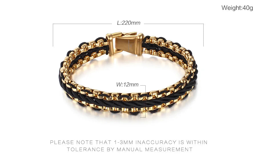 KALEN Fashion Gold Plating Stainless Steel Charm Bangle Leather Bracelet for Men KB76206-BD