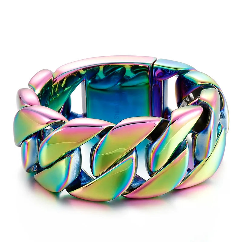KALEN 215/220/230mm Blue/Rainbow Stainless Steel Hip-hop Cuban Link Bracelets