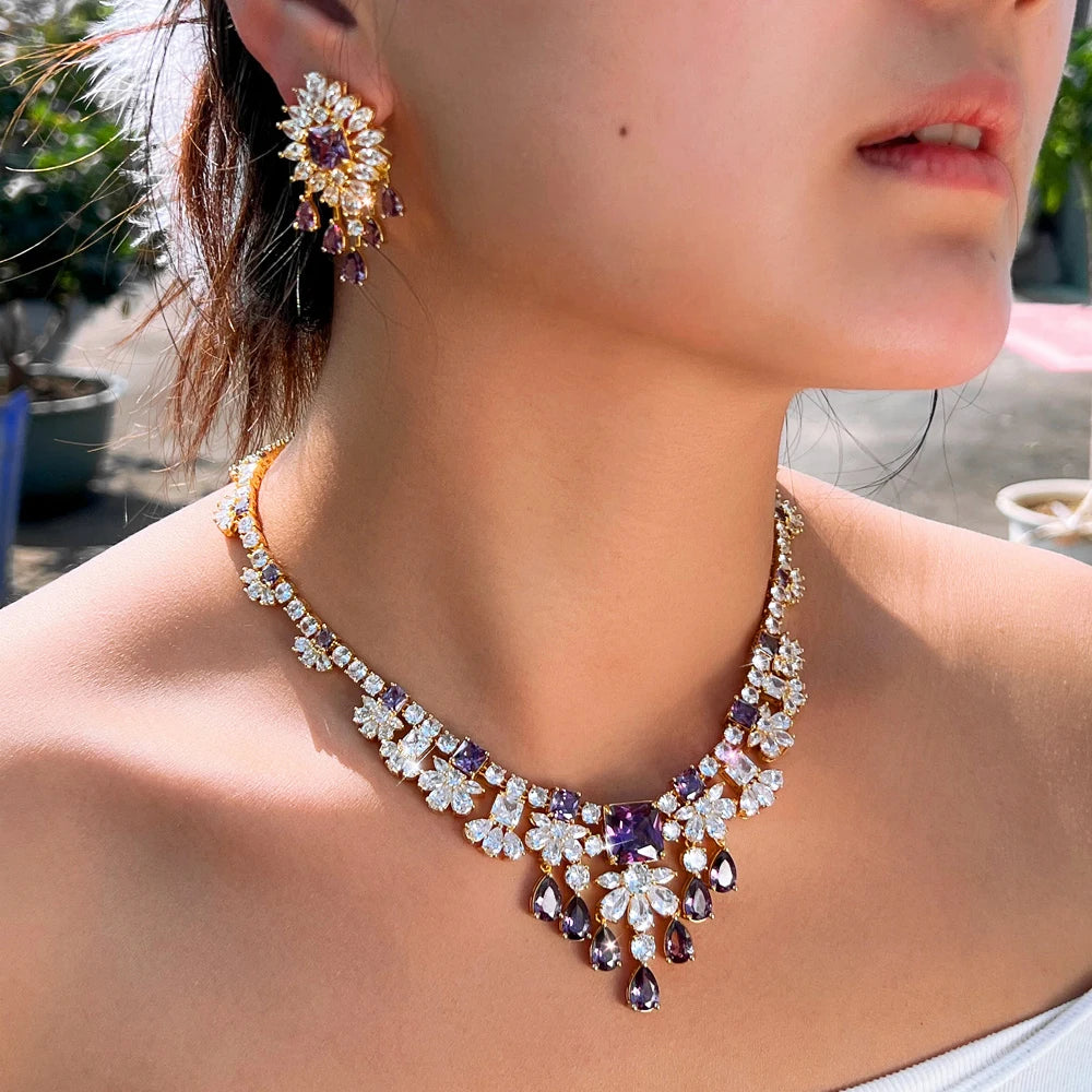 Luxury Purple and White Cubic Zirconia  Big Necklace Earrings Italian Dubai 18k Gold Plated Bridal Jewelry Set for Women Wedding
