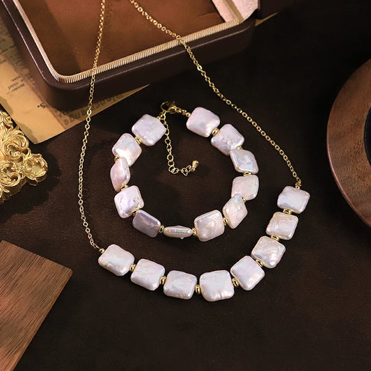 GLSEEVO Natural Freshwater Square Baroque Pearl Jewelry Set | Necklace & Bracelet | GS0237 | STYLISTA Collection