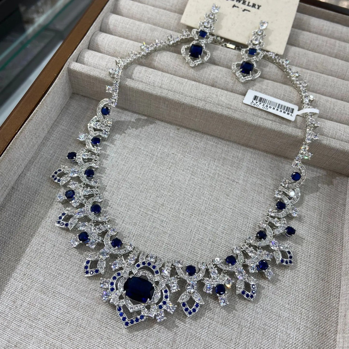 Luxury Blue Zirconia Vintage Flower Statement Necklace & Drop Earrings Set — Rhodium Plated