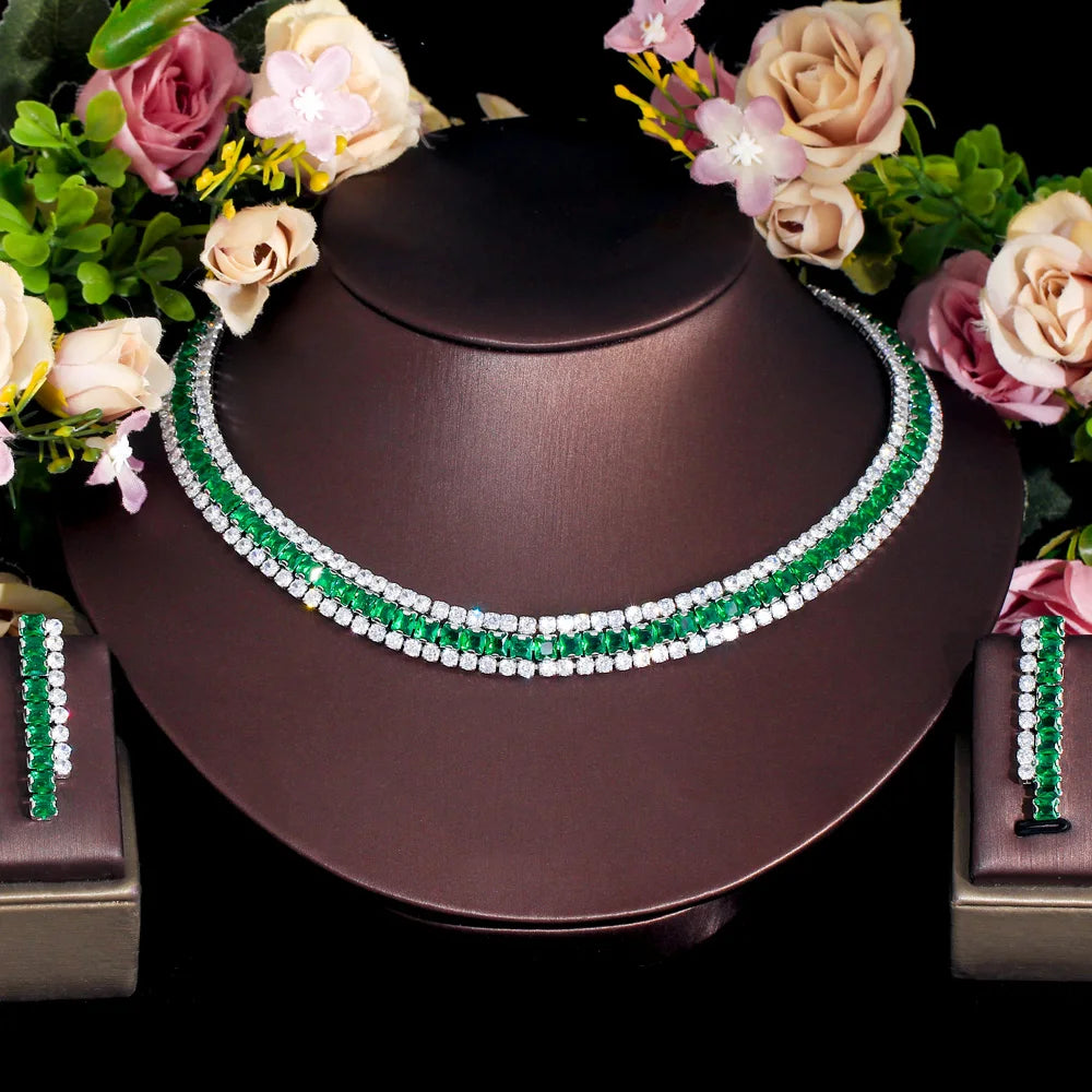 Sparkly Multiple Green Cubic Zirconia Setting Silver Plated 2pcs Bridal Wedding Event Round Necklace and Earring Jewelry Sets