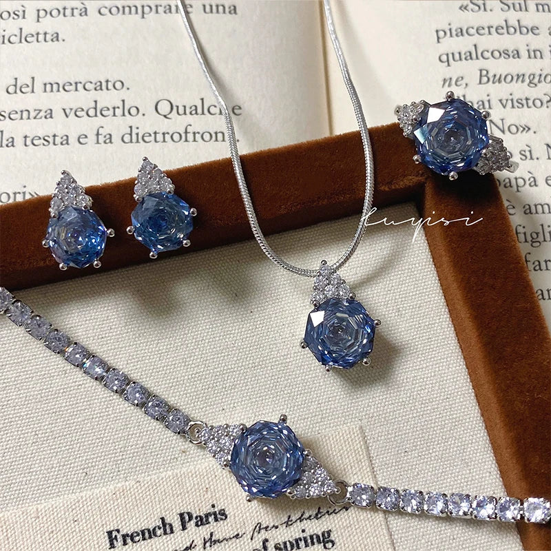 Women's Fine Rhodium Plated Zircon Bridal Jewelry Set Pendant Necklace Bracelet Ring Wedding Engagement Party Ball Trendy