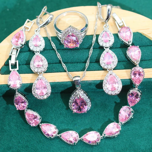2024 New Pink Zirconia 925 Silver Women's Jewelry Sets Wedding Water Drop Earrings Rings Bracelets Pendant Necklace-for Parties