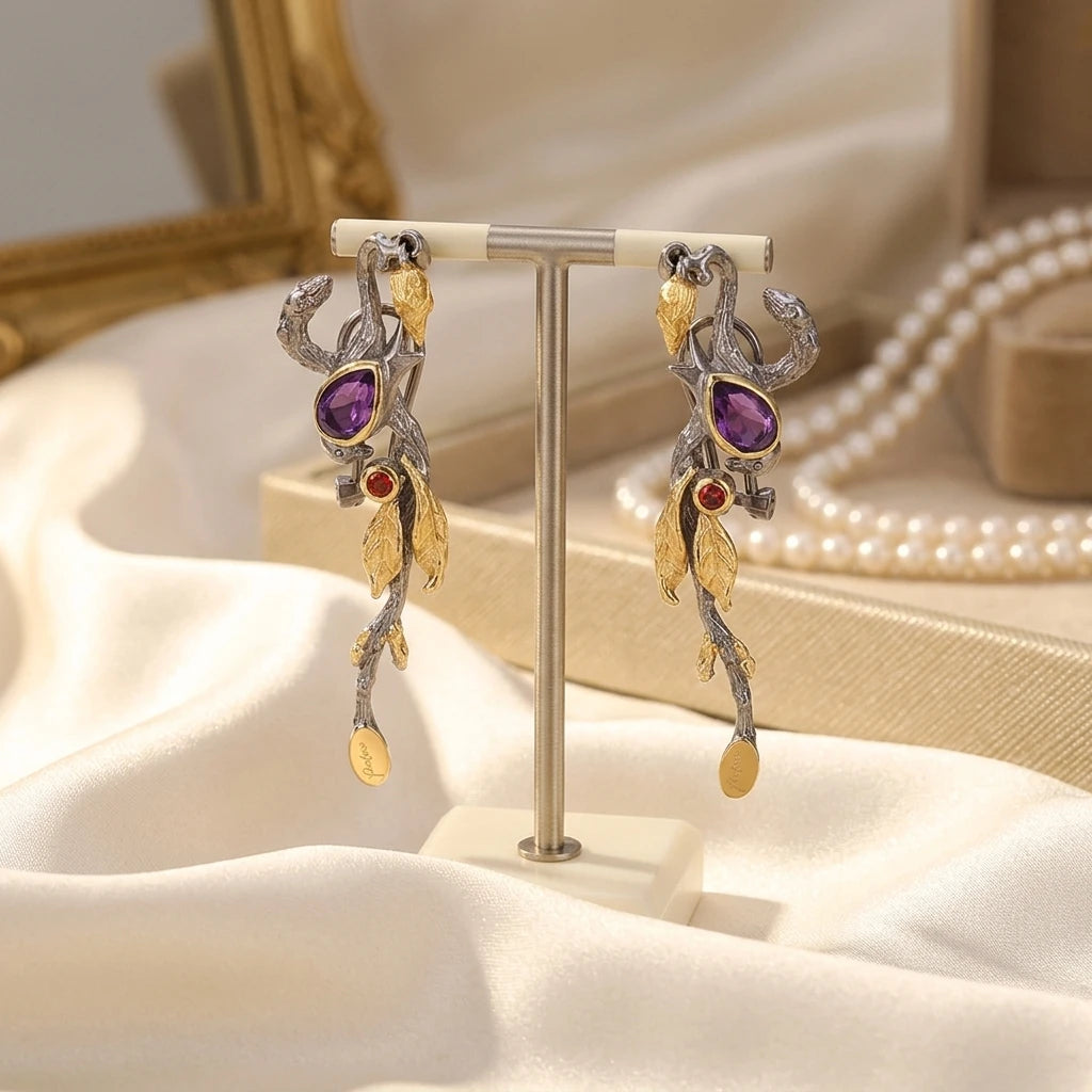 Tree Snake Fashion Design Amethyst Stone 925 Sterling Silver Stud Earrings Women Engagement Wedding Party Gift