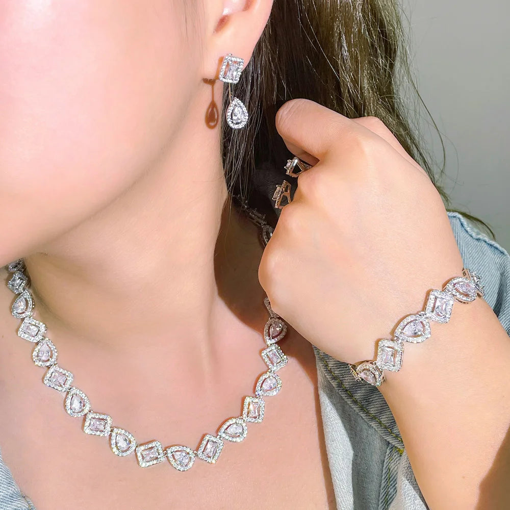 Silver Color Water Drop Cubic Zirconia 4pcs Ring Bracelet Earrings Necklace Luxury Jewelry Sets for Women Weeding CZ Accessories