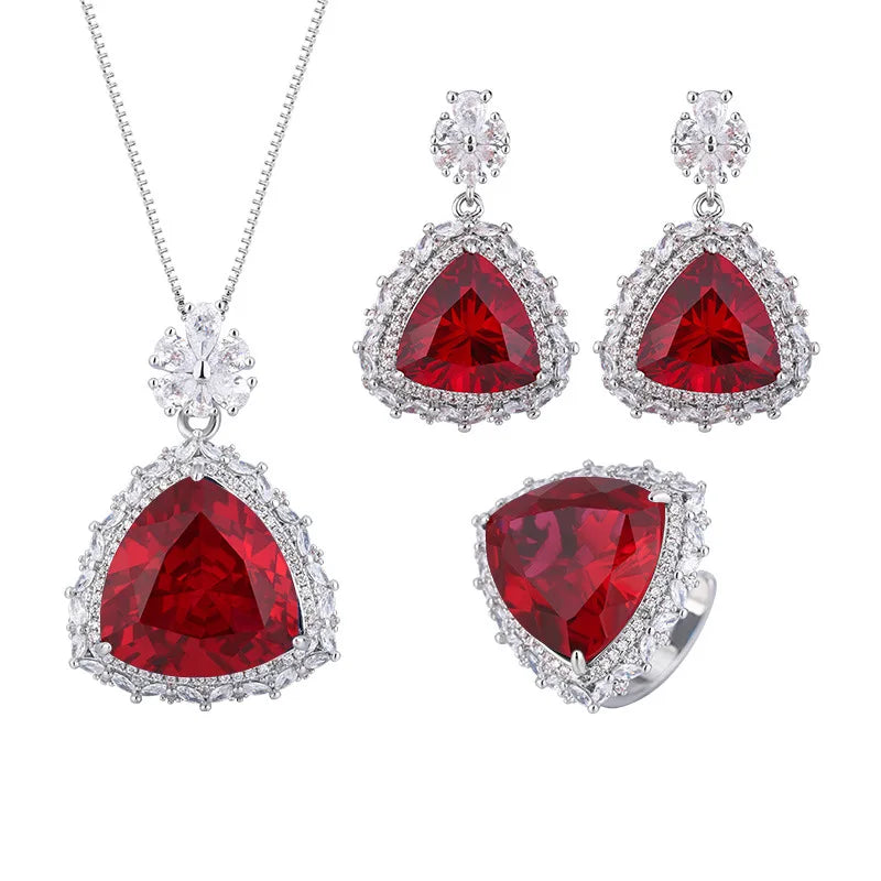 Gemfiori European and American Retro Palace Style Pomegranate Red Zircon Triangular Pendant Ring Earring Fashionable Accessory Set