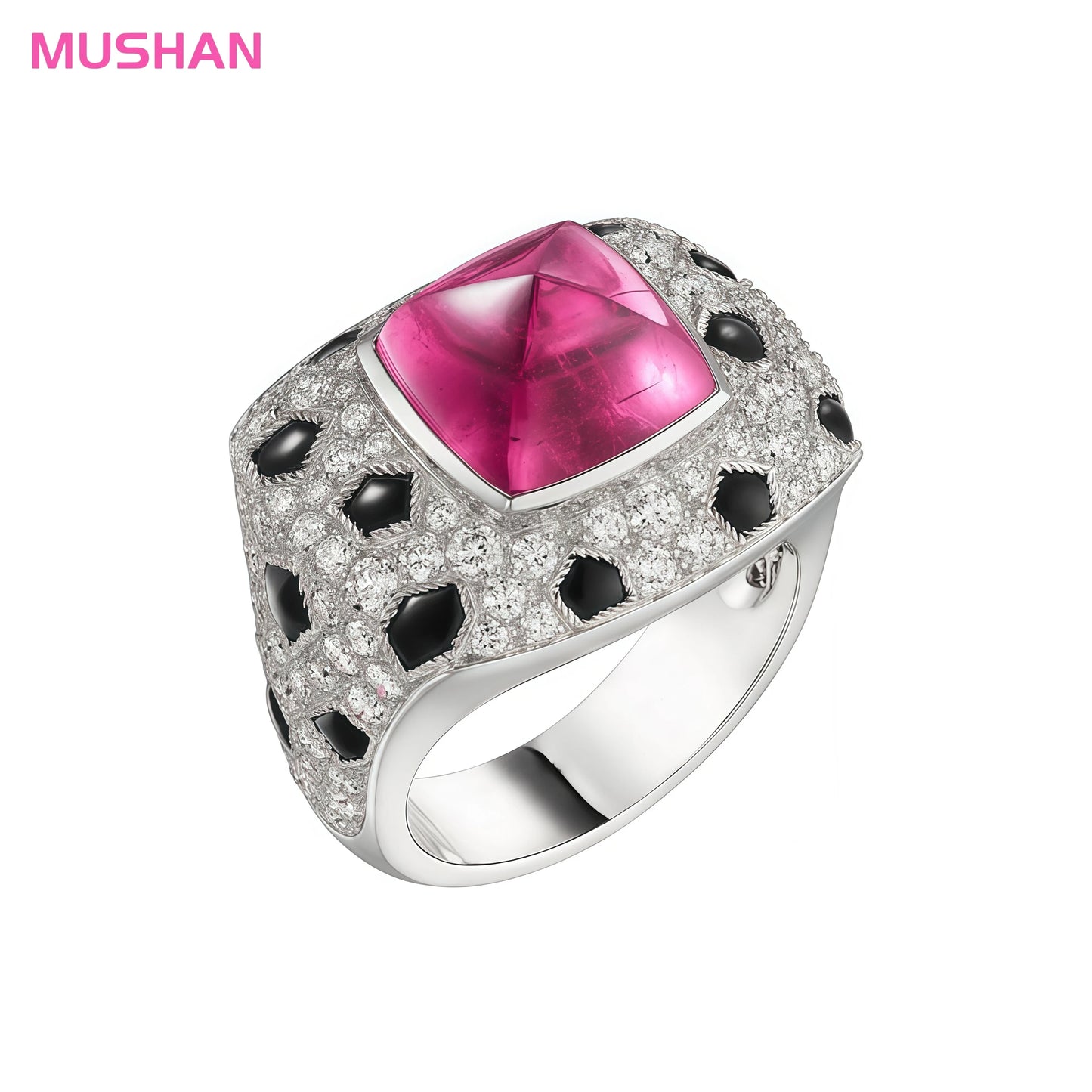 MUSHAN Jewelry Factory High Carbon Diamond Wedding Bands Synthetic Gemstones Red Stone Black Enamel 925 Sterling Silver Rings