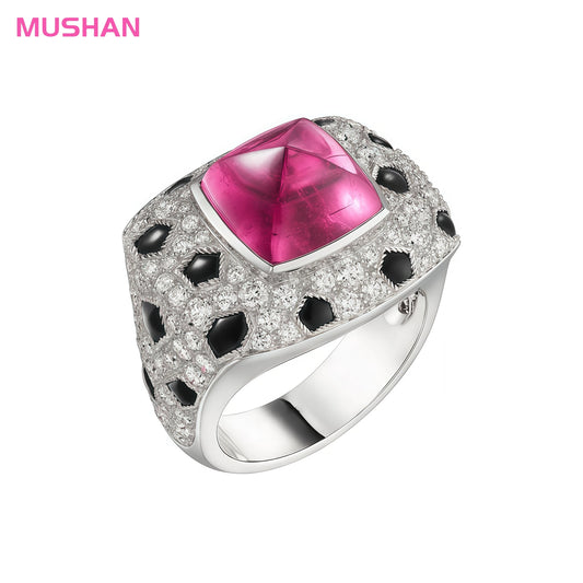 MUSHAN Jewelry Factory High Carbon Diamond Wedding Bands Synthetic Gemstones Red Stone Black Enamel 925 Sterling Silver Rings