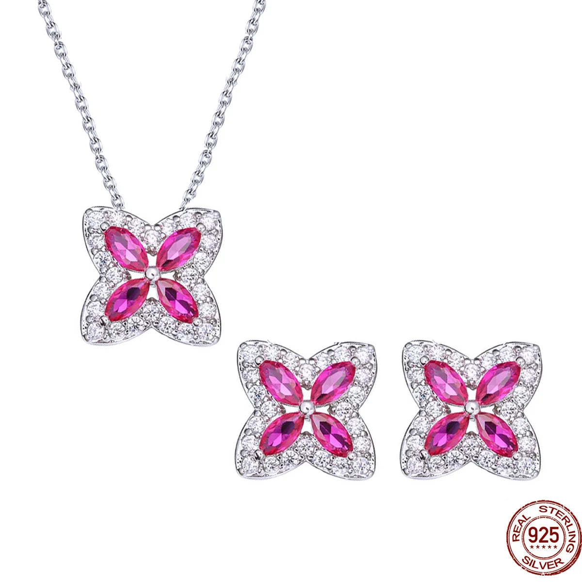 S&S 925 Sterling Silver Hot Pink Four-Leaf Clover CZ Jewellery Set – Necklace & Earrings – Collection