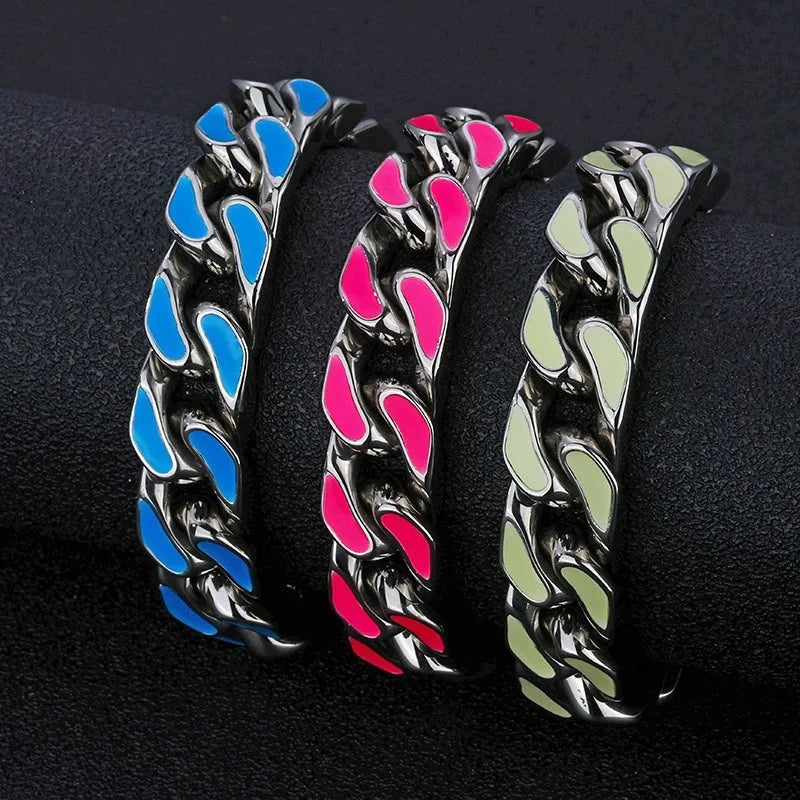 Hip Hop 12mm Colorful Oil Drop Stainless Steel Cuban Chain Niche Necklace Bracelet For Men