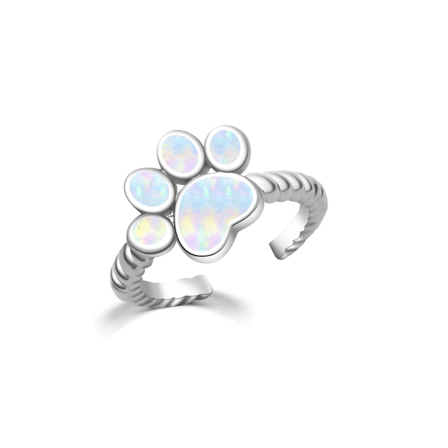Cute Paw Print Blue Opal Open Ring | Iridescent Gem Inlay  Band | Adorable Pet-Themed Jewelry for Women Trendy Style