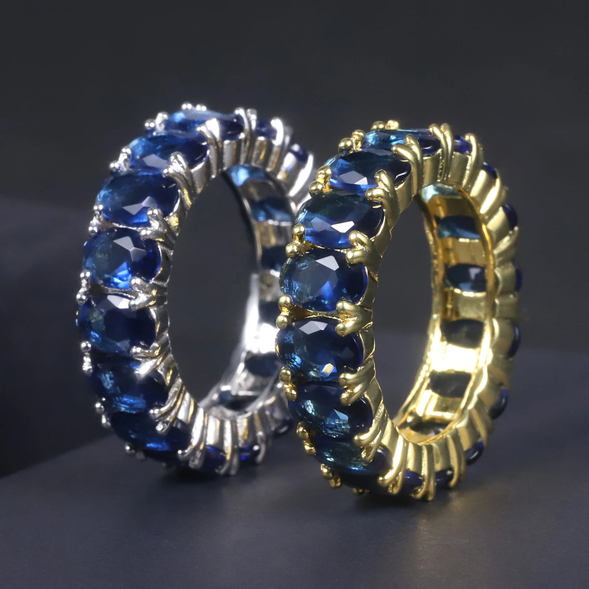 ArtistA C7530 Abiding Oval 4*6MM Colored Gemstone Eternity Band Glass Blue Sapphire Emerald Cubic Zirconia 925 Silver Band Ring