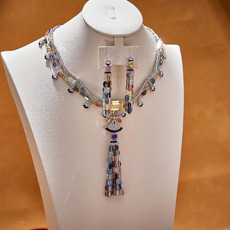 Luxurious and Colorful Cubic Zirconia Brass Necklace Earrings with Tassel Enamel Craftsmanship Suitable for Women's Accessories