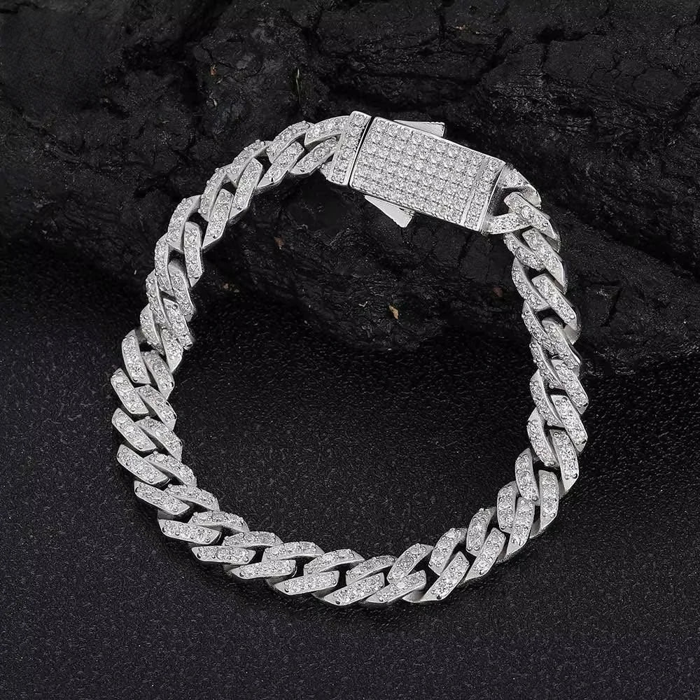 REBEL Fealux Pass Diamond Tester 8mm Two Rows Pass Diamond Tester Iced Out Hip Hop VVS1 Moissanite Cuban Link Chain Necklace Set
