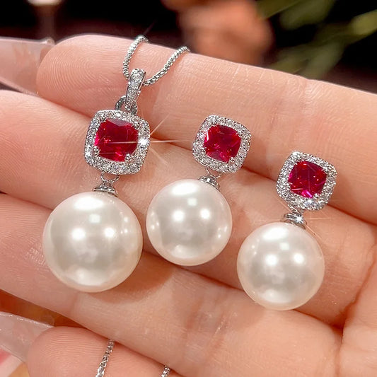 Gemfiori High Quality Luxury Jewelry Brass Gold-plated White Pearl Pendant Earrings High-end Set Holiday Gift