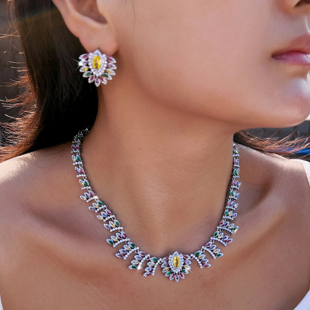 Super Luxurious Jewelry Set Multicolor Zircon Marquise Cut Leaf Necklace Earrings Engagement Wedding Big Jewelry Set for Women