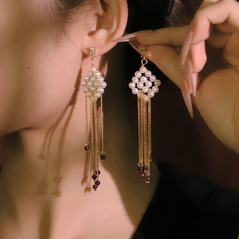 Rhombus Natural Freshwater Pearl Tassel Earrings 18k Gold Plated Design High Quality Earrings Banquet Wife Women Jewelry GE1576