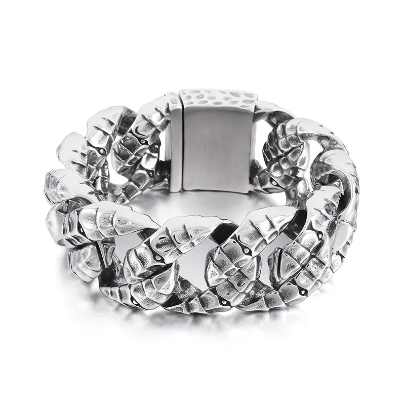 REBEL 235mm Men Punk Stainless Steel Snake Scales Pattern Cuban Link Bracelet