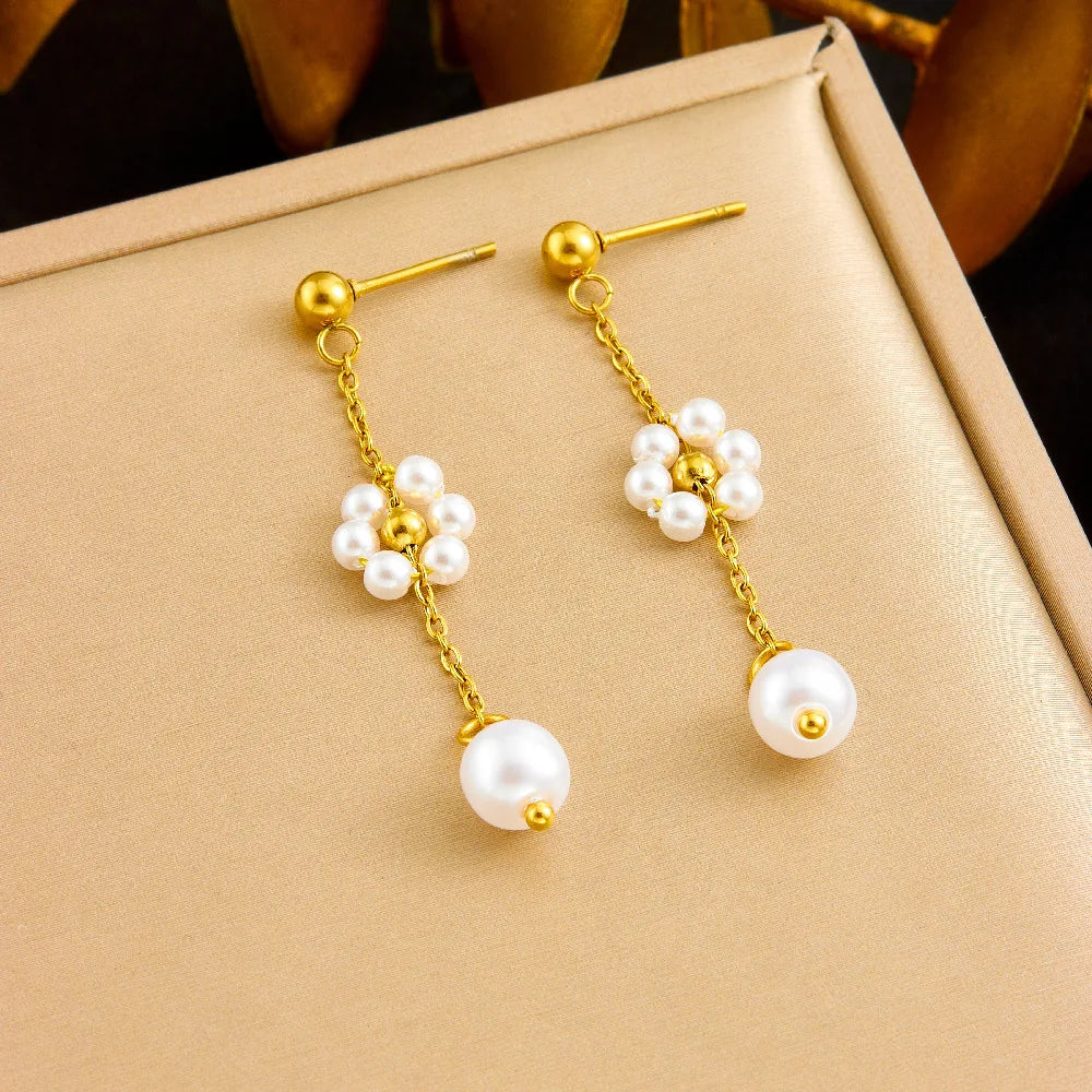 Gold White Flower Pearl Necklace, Earrings & Bracelet Jewellery Set